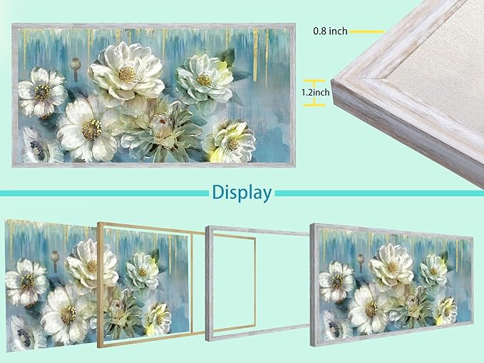 Ardemy Teal Canvas Wall Art Large Framed Magnolia White Floral Pictures Wall Decor Textured Painting Flowers Turquoise Artwork for Living Room Bedroom Dining Room Home Office, 48"x24"