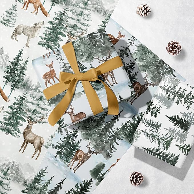 WRAPAHOLIC Kraft Christmas Wrapping Paper Roll - Mini Roll - 3 Rolls - 17 Inch x 120 Inch Per Roll - Watercolor Elk, Wild Animal and Winter Forest Landscape Holiday Collection