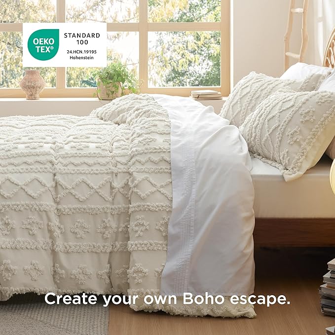 Bedsure Boho Duvet Cover Full Size, Soft & Comfortable Elegant Design Boho Bedding for Decoration, Machine Washable Comforter Cover for All Seasons,Includes 1 Duvet Cover & 2 Pillow Shams,Beige