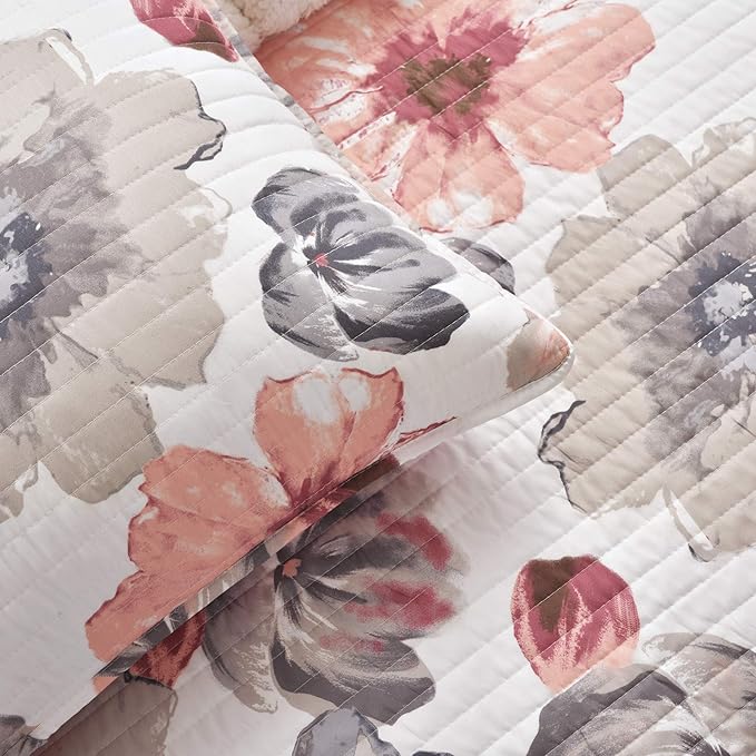 Lush Decor Leah Reversible Floral Quilt Set, 3 Piece Set, Full/Queen, Coral & Gray - Watercolor Botanical - Cottage Core - French Country Decor- Bedding Queen Size