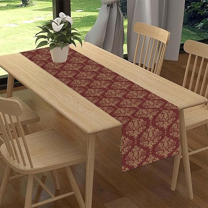 Red Damask Table Runner, Rustic Antique Victorian Style Coffee Table Center Decor for Home Kitchen Dining Patio Holiday Party Indoor Outdoor Table Decorations 13x90 inch