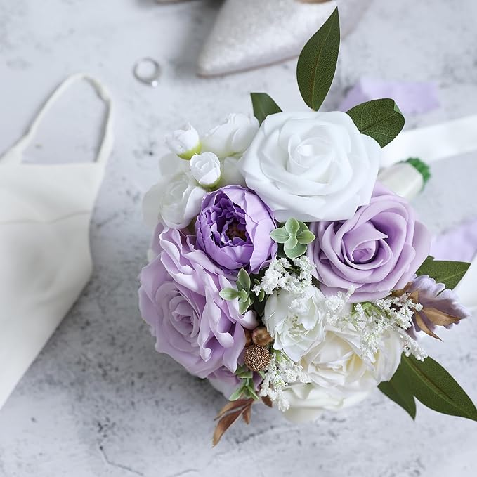ponatia Lilac Wedding Bouquets for Bride Bridesmaid, White Wedding Artificial Roses Flowers for Wedding Bouquets Ceremony, Anniversary (Lilac & White & Ivory)