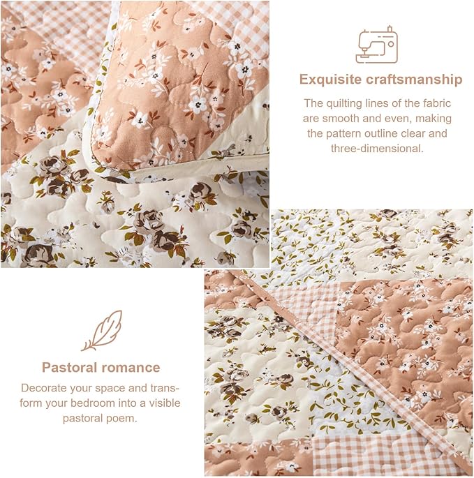 Dinjoy Floral Plaid Patchwork Quilt Set King Size, Reversible Pink Bedding Set Soft Microfiber Lightweight Bedspread Coverlet 3 Piece Fall Autumn Summer Use (110x90 inches)