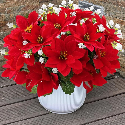 12 Bunches Poinsettias Artificial Christmas Flowers for Outdoors,14'' Fake Red Poinsettias Faux Eucalyptus Plants UV Resistant for Home Planters Garden Porch Christmas Winter Spring Décor