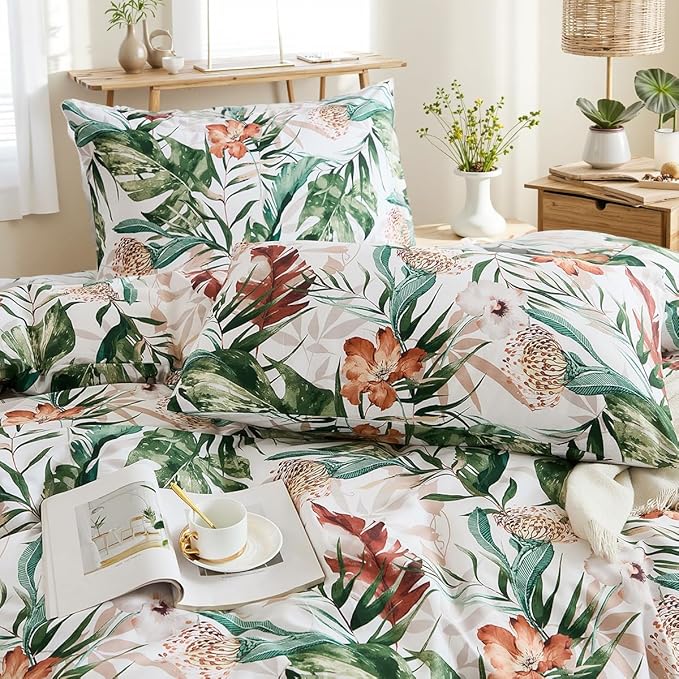 Bedding_Dreamer 100% Cotton Comforter Set Floral King Bedding Green Palm Leaf Comforter Set Botanical Home Decor 3 Pcs with 2 Pillowcases Reversible for All Season