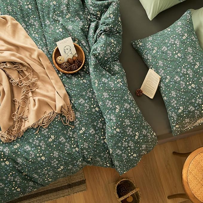 EAVD Vintage Green Floral Duvet Cover Full Size 100% Jersey Cotton Cottagecore Floral Bedding Set with 2 Pillowcases Chic Shabby Reversible Botanical Duvet Cover with Zipper Closure