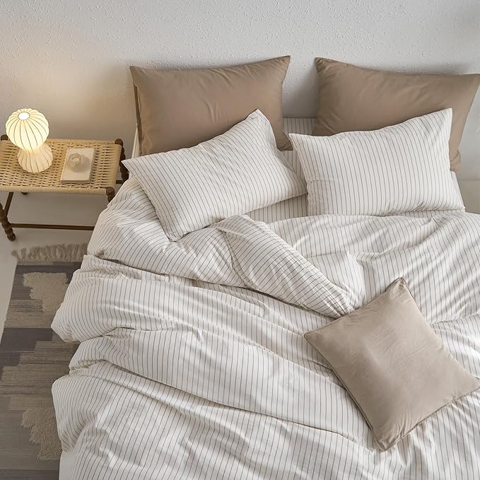 MooMee Striped Duvet Cover Set 100% Washed Cotton Linen Like Textured Breathable Durable Soft Comfy (White Tannish Linen Grey Wide Stripes, Oversized King Plus 128"x120")