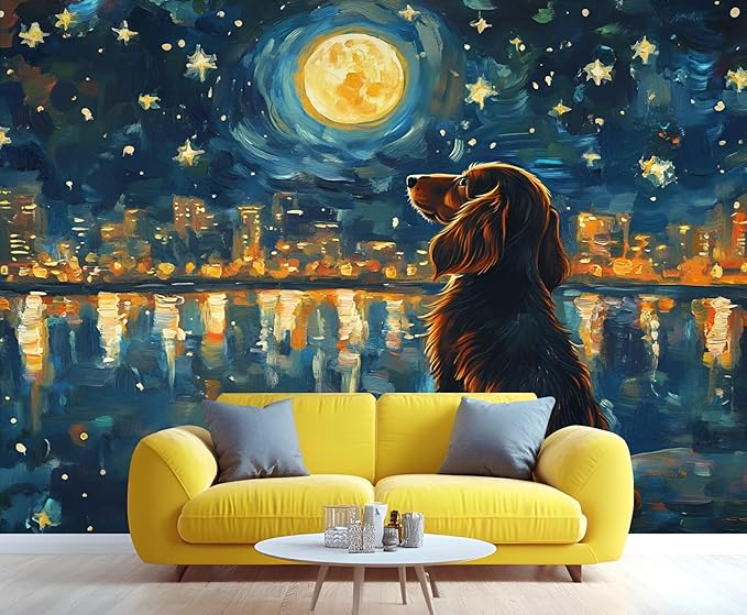 KIREUPA Dog and Moon Night Sky Wall Mural, Starry Night Cityscape 3d Wall Murals, Nighttime Dog Reflection Wallpaper Mural, for Living Room Bedroom Large Wallpaper Indoor Decor 118" W x 82.6 "H