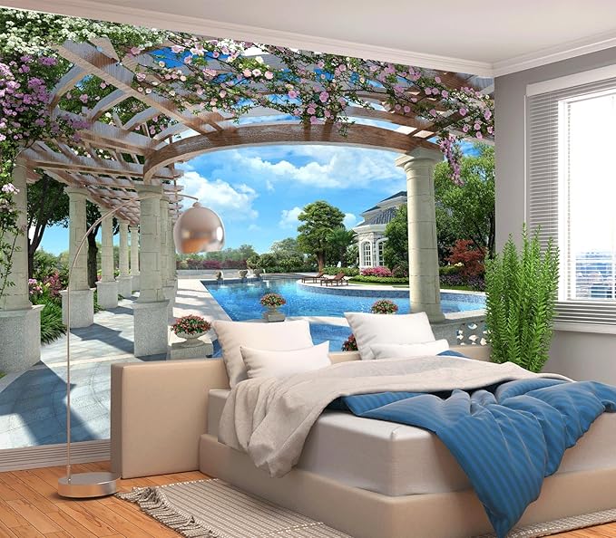 Cliouar-Backyard Villa with Swimming Pool Wall Mural Wallpaper Peel and Stick 137" x 102"