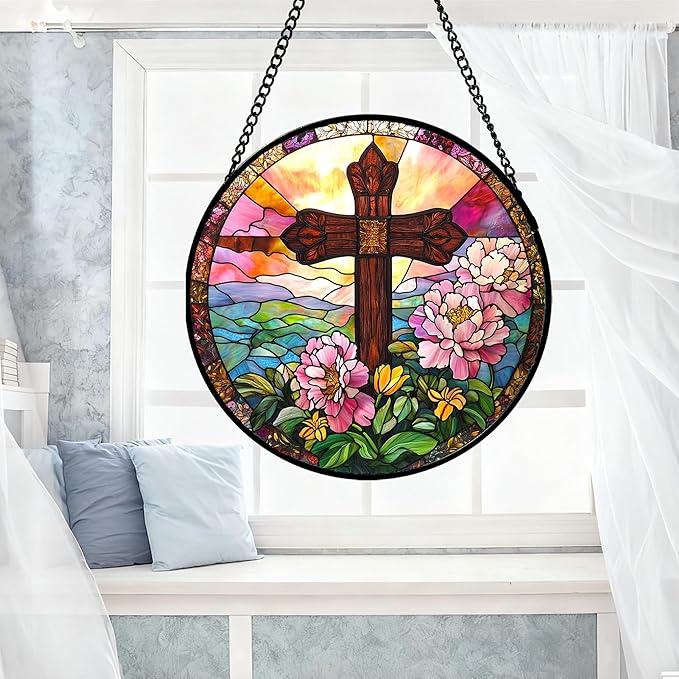 Christian Gifts for Women - Cross Stained Glass Window Hanging Jesus Easter Pink Flower Peony Sun Catcher Garden Religion Decor Mother's Day Catholic Gift for Men Grandma Mom Her Nana 7.8"