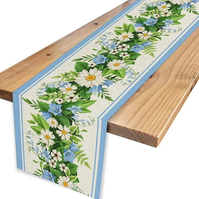 Wild Flower Table Runner, Vintage Seasonal Spring Daisy Flower Rustic Blue Farmhouse Table Center Decor for Family Kitchen Farmhouse Holiday Party Table Decorations Indoor Outdoor 13x36 inch