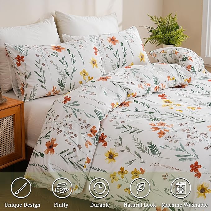 Floral Duvet Cover King Size, 100% Nature Cotton 3 Pcs Garden Floral Aesthetic Bedding Set with Zipper Closure Ultra Soft&Breathable Cottagecore Botanical Duvet Cover Set