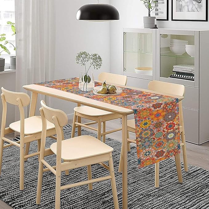 Boho Table Runner, Orange Geometric Mandala Flower Fall Farmhouse Decor Table Runner for Kitchen Dining Party Home Decoration, 13x90 Inch