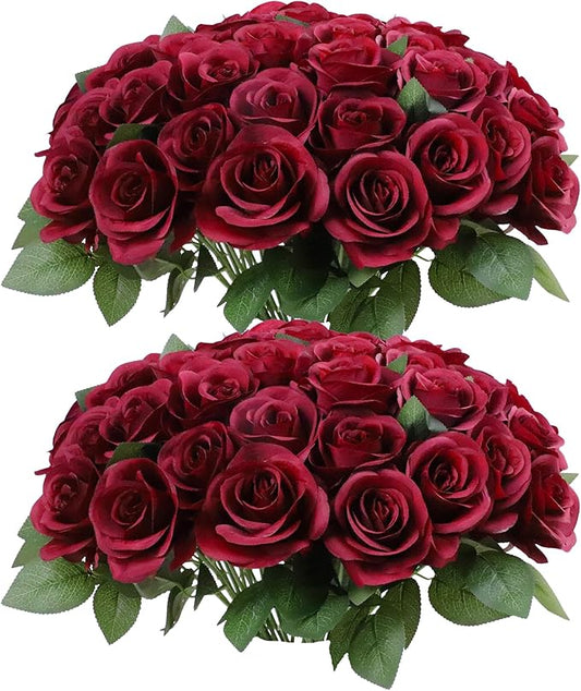 DELOVO 52pcs Burgundy roses artificial flowers Fake Flowers silk roses with Stems for DIY Wedding Bouquets Bridal Shower Centerpieces Arrangements Party Decorations