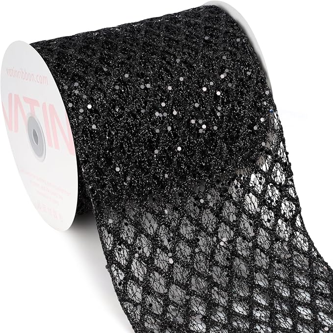 VATIN 6" Black Christmas Ribbon, Black Glitter Mesh Diamond Web Sequin Dots Wired Christmas Ribbon for Gift Wrapping Bow Making Wreath Supply-10 Yards