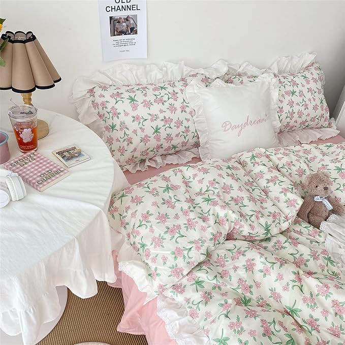VM VOUGEMARKET Pink Floral Comforter Set Queen Romantic Ruffle Comforter with 2 Pillow Shams Vintage Cozy Princess Bed Comforter Set for Girls Women(3pcs,Queen)