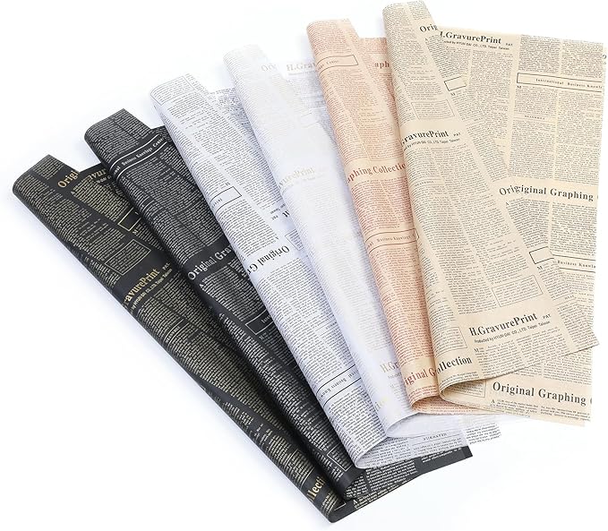 FWSA WRAPS Vintage Newspaper Tissue Paper Sheets Flower Wrapping Paper for Bouquets 28pcs Kraft Paper with Red Classic Newsprint Paper Party Wedding Home Decoration 27.5x19.7 Inch (4 kraft red)