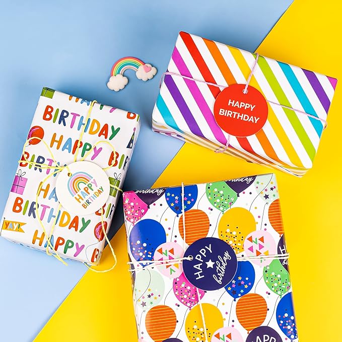 WRAPAHOLIC Birthday Wrapping Paper Sheet - 12 Sheets Folded Flat with 12 Gift Tags for Party, Baby Shower - 19.7 Inch X 27.5 Inch Per Sheet