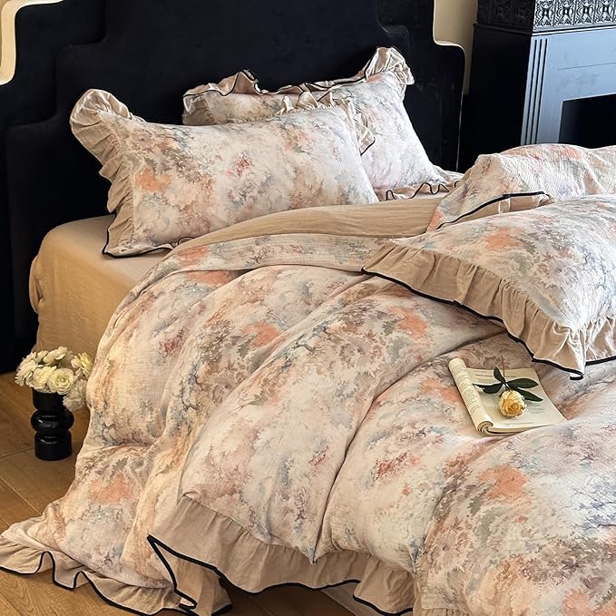 HighBuy Ruffle Linen Duvet Cover Set Twin Beige 100% French Yarn-Dyed Cotton Linen Bedding 3pcs Set,Chic Cottagecore Soft Breathable for Hot Sleepers 1 Duvet Cover and 2 Pillowcases