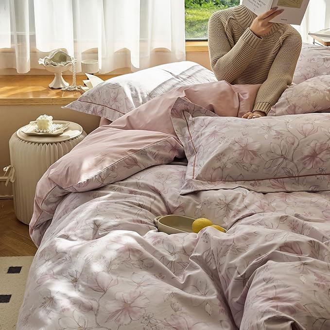 AOJIM Exquisite Duvet Cover Set with Floral Print for Kids Adults, Soft Pure Cotton Comforter Cover Set 3pcs, 1 Pink Gardenia Quilt Cover Twin Size and 2 Matching Pillowcases for Room Decor, No Quilt