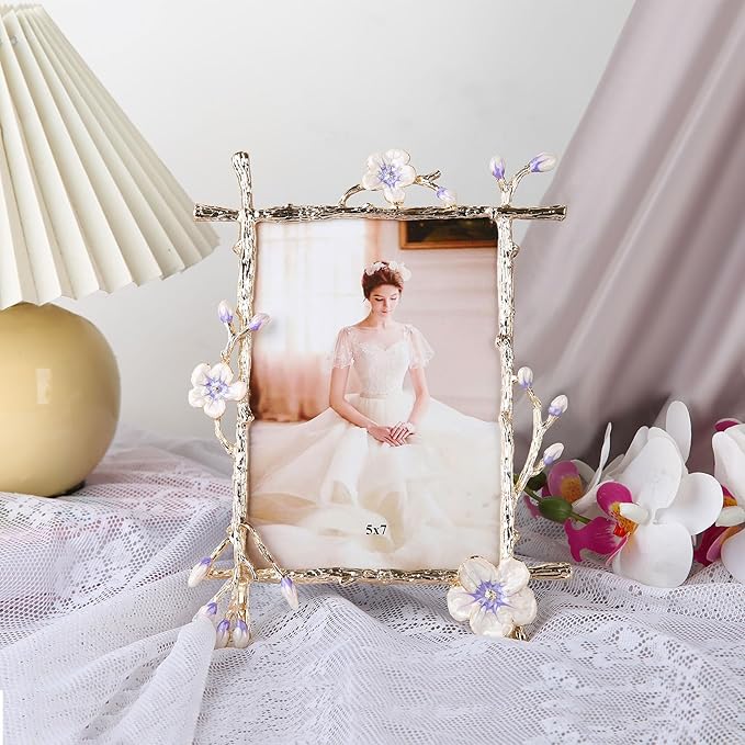 5x7 Purple Floral Picture Frame Vintage Gold Photo Frame with Glass Front, Ornate Antique Tabletop Art Desktop Home Office Decor Gold Metal Frame, Unique Gifts for Women Wedding Mothers Day