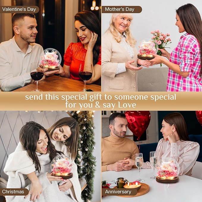 Preserved Flowers,Rose in Glass Dome with LED Light, Gifts for Her, Women, Mom,Grandma,Girlfriend, Wife- Style2