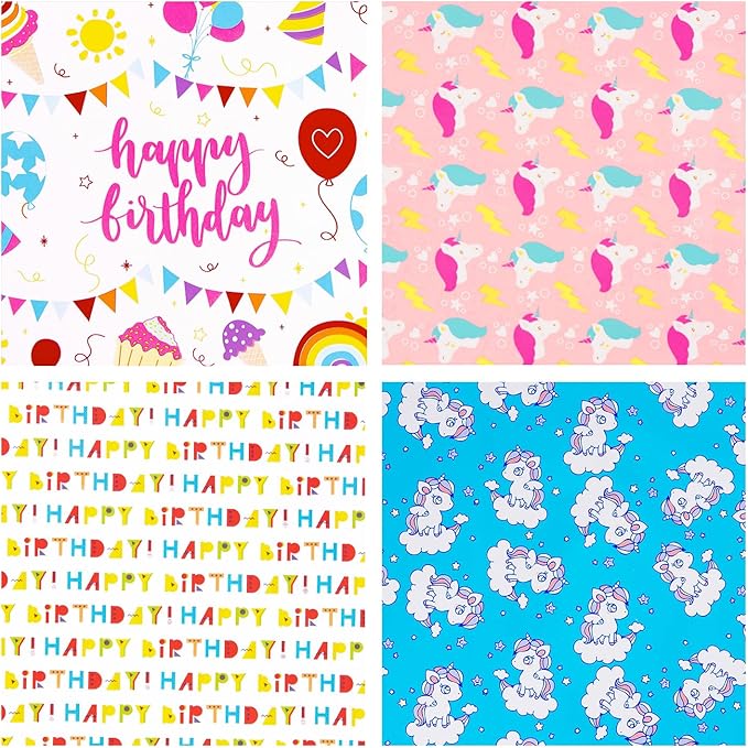 WRAPAHOLIC Birthday Wrapping Paper Sheet - 12 Sheets Unicorn Rainbow Pony Pink Blue Design Folded Flat for Birthday, Party, Baby Showers - 19.7 Inch X 30 Inch Per Sheet
