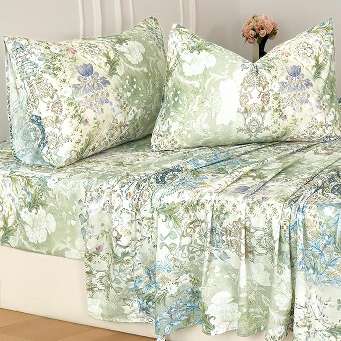 Zusbest Queen Sheet Set Luxury Sage Green Floral Bed Sheets 100% Cotton, Satin Weave Soft Silky Breathable for Hot Sleepers American Country Style Vintage Flower Deep Pocket 17.5‘’ Bed Set 4Pcs