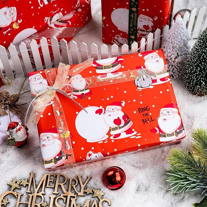 MAYPLUSS Santa Christmas Wrapping Paper Roll - 17 Inch X 33 Feet - Red Vintage Festive Santa Claus HO Design Winter Holiday Gift Wrap Sheet for Family gifts, Christmas Eve, Birthday, Party