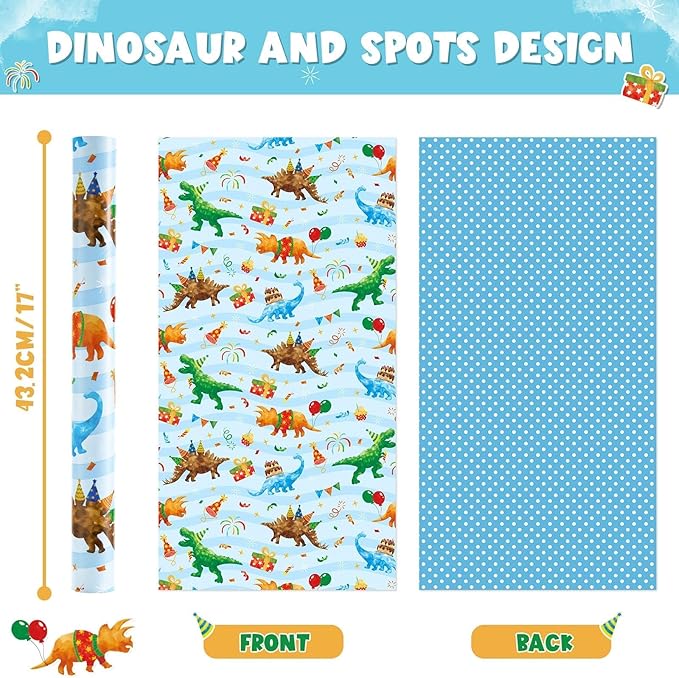 WERNNSAI Dinosaur Birthday Wrapping Paper Roll - 1 Roll 17”x 16.4 ft Blue Dinosaur Wrapping Paper for Boys Birthday Gift Packing Supply Baby Dino Decor Favor