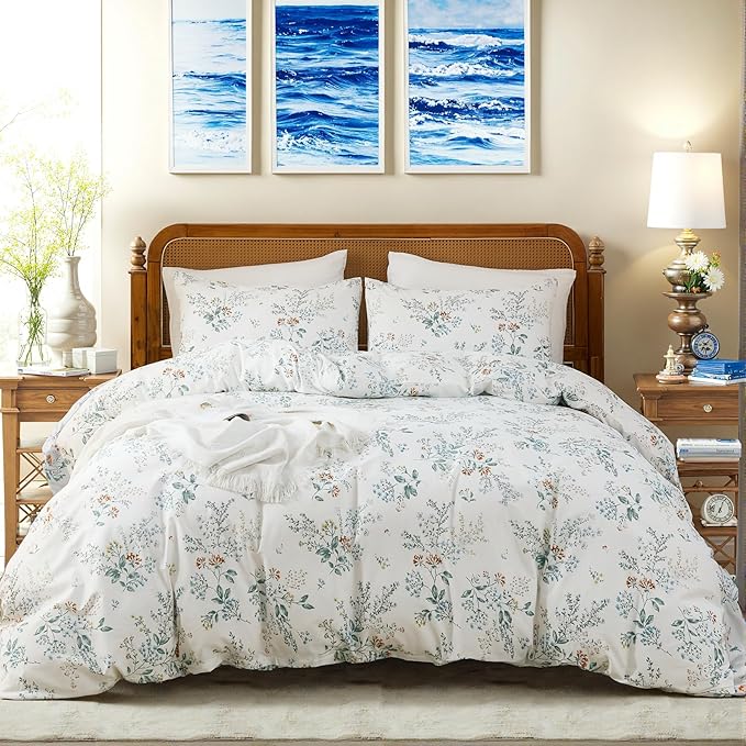 100% Cotton Duvet Cover Sets Queen Size Garden Chic Floral Duvet Cover with Zipper Closure Botanical Coquette Bedding Set Ultra Soft & Breathable