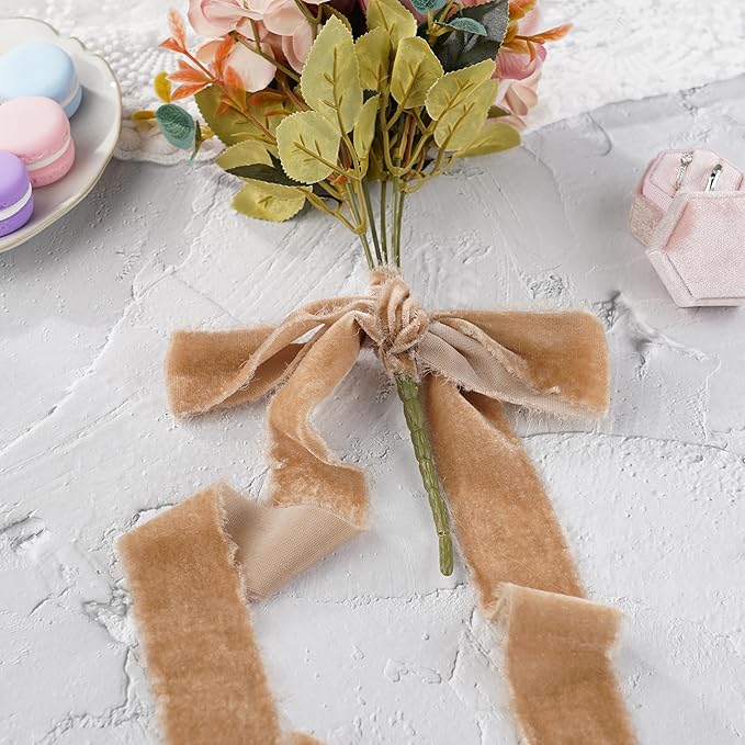 Camel Velvet Ribbon 1.5 Inch Hand Frayed Silk Velvet Ribbon for Hair, Gift Wrapping, Christmas Tree Decor, Wedding Invitation Bridal Bouquet -3yards
