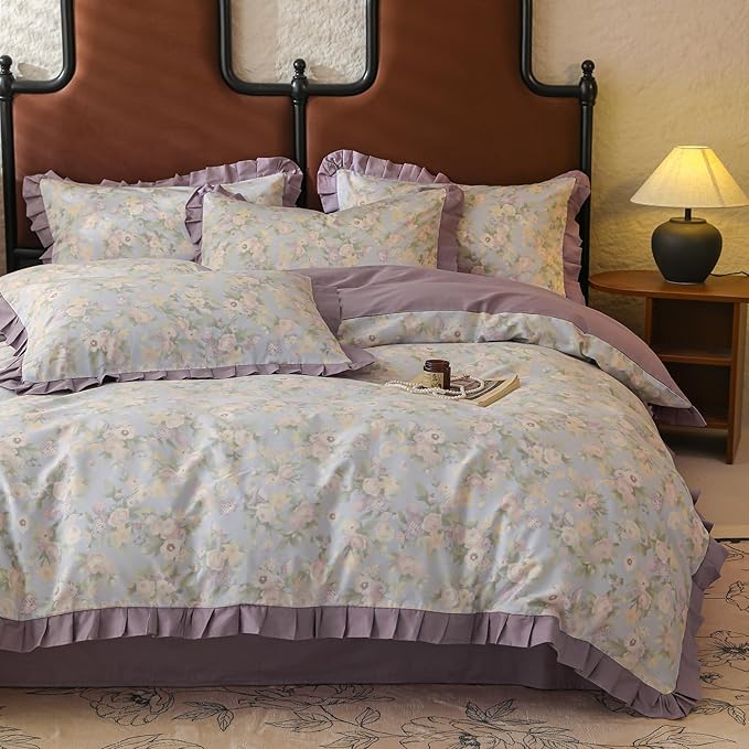 Purple Ruffle Duvet Covet Set Queen Cute Flower Comforter Cover Princess Style Lace Bedding Set Vintage Floral Duvet Cover for Teen Girls Romantic Ruffle Comforter Cover Floral Aesthetic Bedding Set