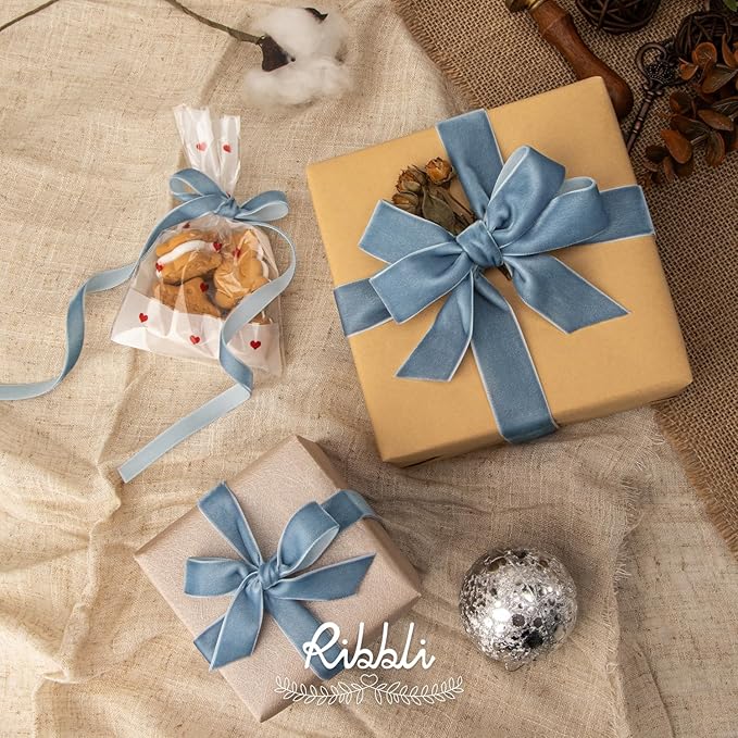 Ribbli Dusty Blue Velvet Ribbon 5/8 Inches Continuous 25 Yard Spool Dusty Blue Christmas Ribbon for Gift Wrapping Crafts Home Decor
