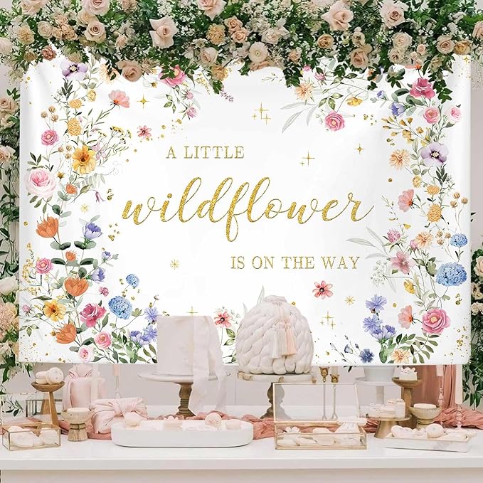 MEHOFOND 7x5ft Wildflower Baby Shower Decorations Banner A Little Wildflower is On The Way Baby Shower Backdrop Floral Theme Baby Girls' New Born Photoshoot Background