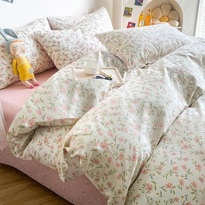 LifeTB Garden Style Pink Floral Comforter Set Full Size All Season Chic Floral Farmhouse Bedding Comforter with 2 Pillowcases Vintage Botanical Comforter Set Fluffy Cozy Comforter for Girls Women