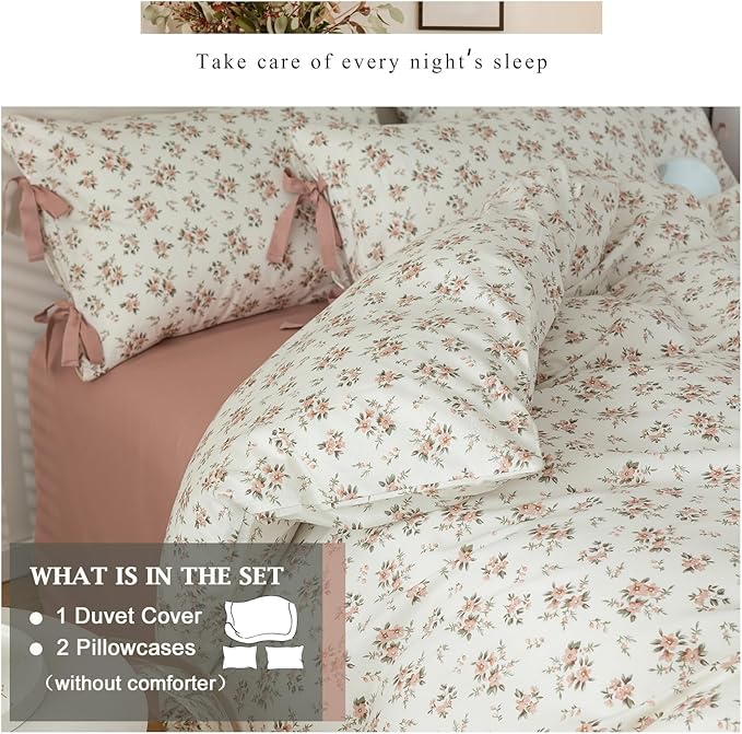 VM VOUGEMARKET Blush Pink Floral Duvet Cover Queen 3 Pieces Cotton Girls Cottagecore Bedding Set,Peach Flower Comforter Cover with Zipper Closure,Vintage Country Bedding 90x90