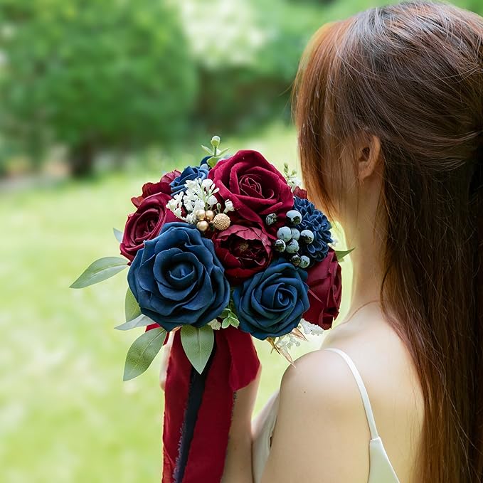 ponatia Navy Blue Wedding Bouquets for Bride Bridesmaid, BurgundyWedding Artificial Roses Flowers for Wedding Bouquets Ceremony, Anniversary (Burgundy & Navy Blue)