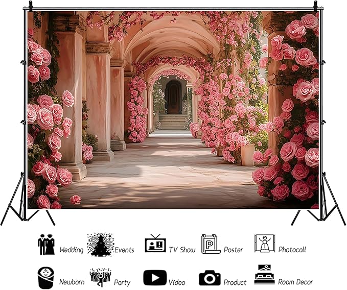 Baocicco 8x6.5ft Pink Flowers Backdrops for Photoshoot Rose Arch Corridor European Carving Wall Photo Background for Women Bridal Shower Birthday Marriage Valentines Mothers Day Backdrop Decorations