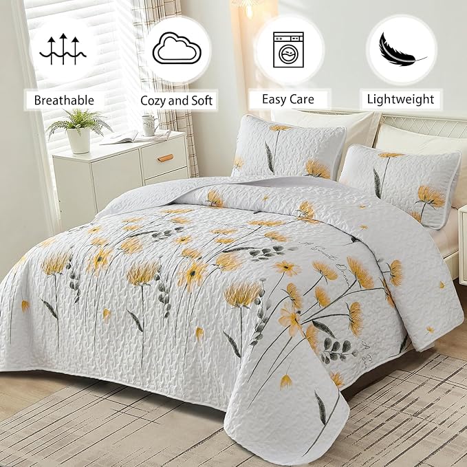 Dinjoy Floral Quilt Set California King Size,Yellow Flower Bedspread Farmhouse Fall Bedding Soft Lightweight Summer Quilts 3 Piece White Oversized Bedspreads Bed Sets (Cal King,110"x96")