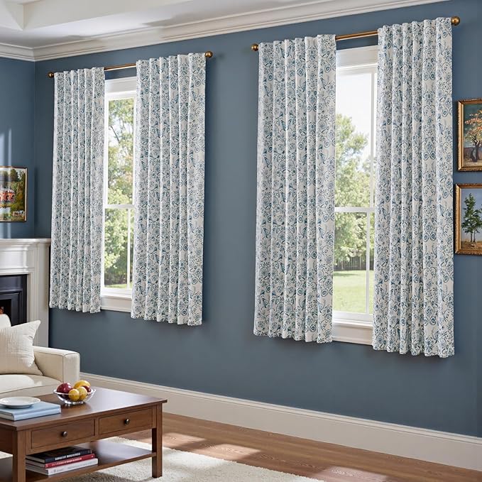 jinchan Floral Blackout Curtains for Bedroom Living Room 63 Inches Length Farmhouse Curtains Room Darkening Vintage Short Drapes Traditional Rod Pocket Window Treatment 2 Panels Set Blue on Beige