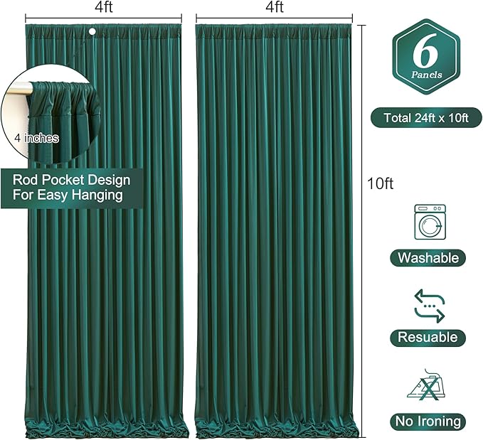 Hunter Green Backdrop Curtain-Wrinkle-Free Polyester Fabric Green Photography Curtains for Wedding Party Photo Background Decorations- 24 X10FT (Hunter Green)