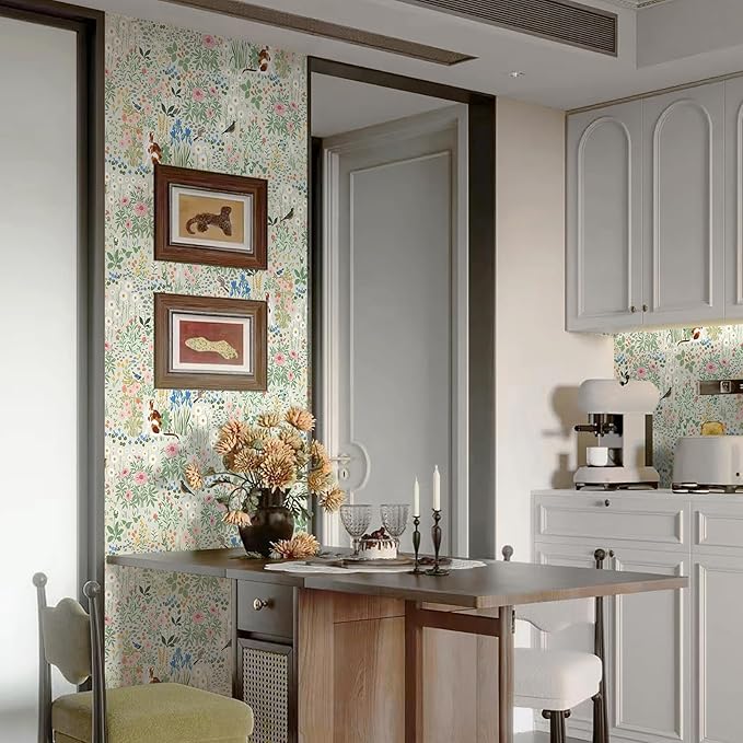 Heroad Floral Peel and Stick Wallpaper Light Green Wallpaper Boho French Country Contact Paper Cat Birds Removable Self-Adhesive Wall Paper for Bedroom Kitchen Cabinets Decoration Vinyl 17.3”x78.7”