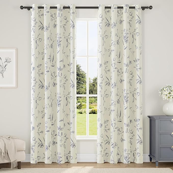 ChrisDowa Beige 100% Blackout Curtains 84 Inches Long 2 Panels for Bedroom Living Room Navy Blue Flower Patterned Room Darkening Thermal Insulated Soundproof Grommet Window Treatments Drapes,52X84