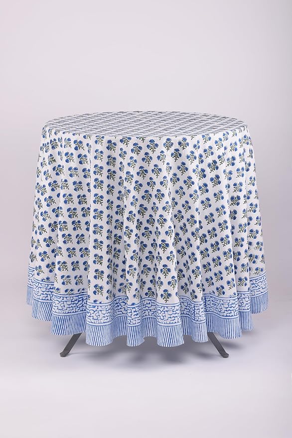 ATOSII Gulbahar Blue 100% Cotton Fall Round Tablecloth, Handblock Print Floral Table Cloth for Kitchen Dining Linen I Thanksgiving, Christmas, Weddings, Outdoors, Parties I 60" Inches I 4 Seater Table