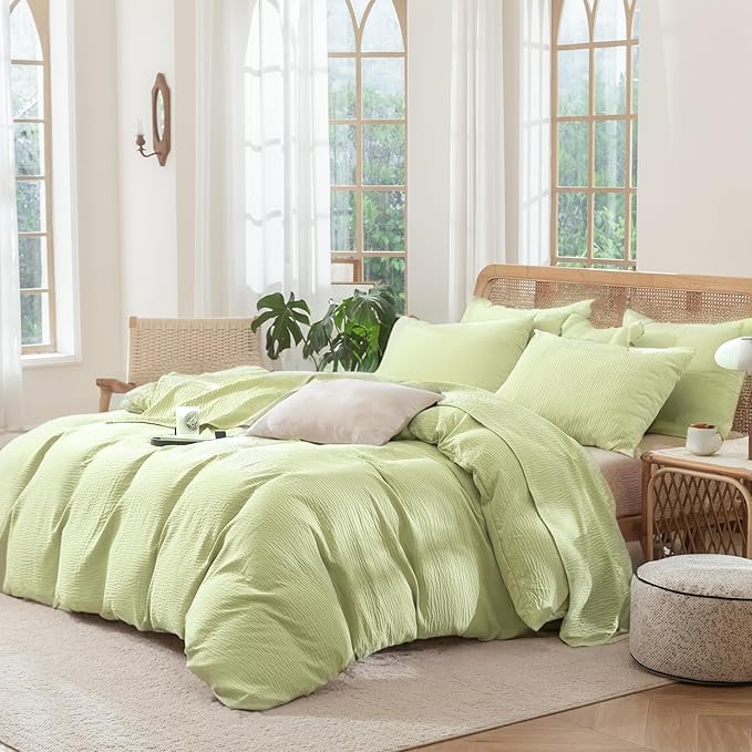 King Size Duvet Cover Desert Sage, Luxury Soft Microfiber Double-Layer Crinkle Gauze Sage Duvet Cover, 3 Pieces Bedding for All-Season, Breathable with Zipper Closure
