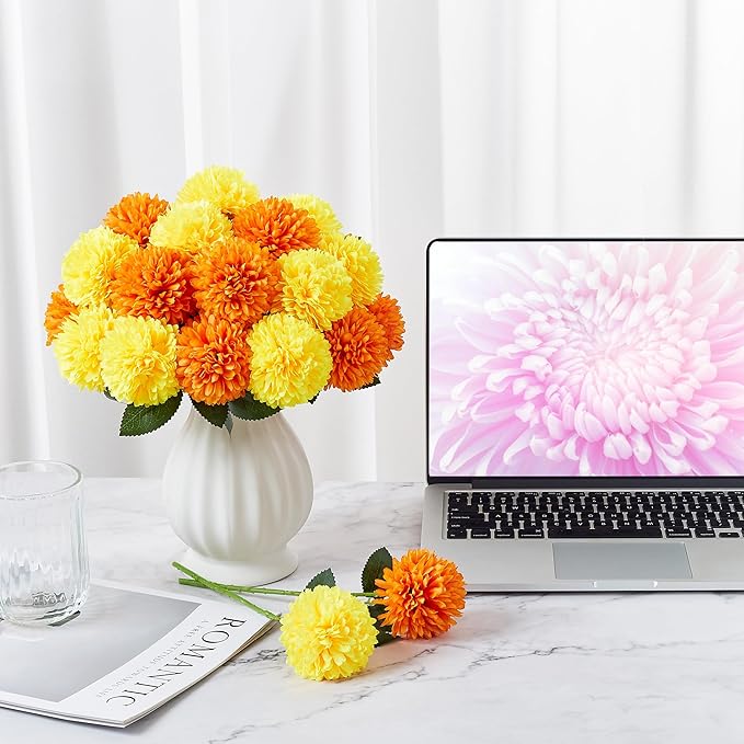 SITUMEIZI 12 Pcs Artificial Chrysanthemums Flowers Ball Flower Fake Mums Silk for Fall Decor Halloween Thanksgiving Day Wedding Home Kitchen Decoration Floral Arrangement(Yellow,Orange)