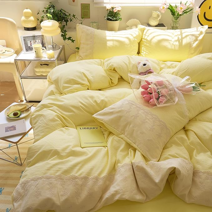 LifeTB Yellow Gingham Duvet Cover Full 3 Pieces Romantic Lace Comforter Cover Soft Microfiber Cream Yellow Grid Duvet Cover Farmhouse Plaid Checkered Comforter Cover Grid Gingham Bedding Set