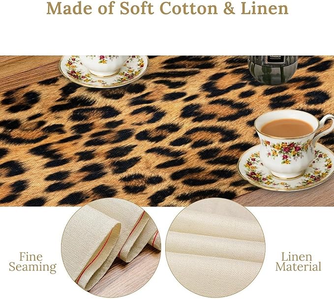 Leopard Skin Print Table Runner, Vintage Cottage Country Farmhouse Wildlife Brown Safari Animal Skin Dinner Runner for Home Kitchen Dining Table Party Holiday Decor 13x90in