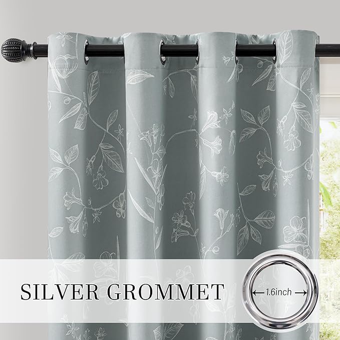 ChrisDowa Grey 100% Blackout Floral Curtains 96 Inches Long 2 Panels for Bedroom Living Room White Flower Patterned Room Darkening Thermal Insulated Soundproof Grommet Window Treatments Drapes,52X96